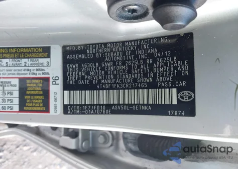 2012 Toyota Camry Le from USA, damaged, VIN 4T4BF1FK3CR217465